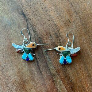 Zuni Multi-Stone Inlay Hummingbird Dangle Earrings